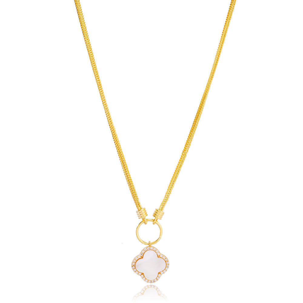 Long Gold Mother of Pearl Designer Inspired Clover Necklace