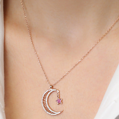 Luna Crescent Moon and Star Pendant Necklace in 16k Gold Vermeil