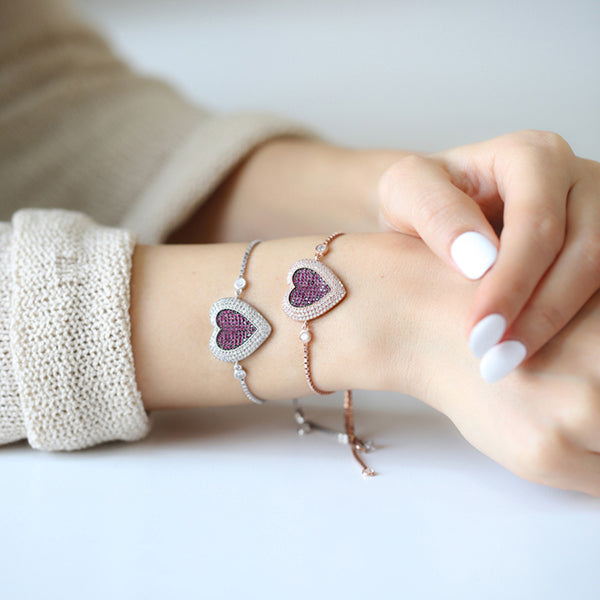 La Vie en Rose Mosaic Heart Adjustable Bracelet in 16k Rose Gold Vermeil or Rhodium