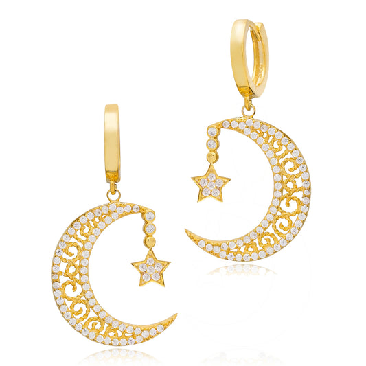 Luna Crescent Moon and Star Pendant Earrings in 16k Gold Vermeil